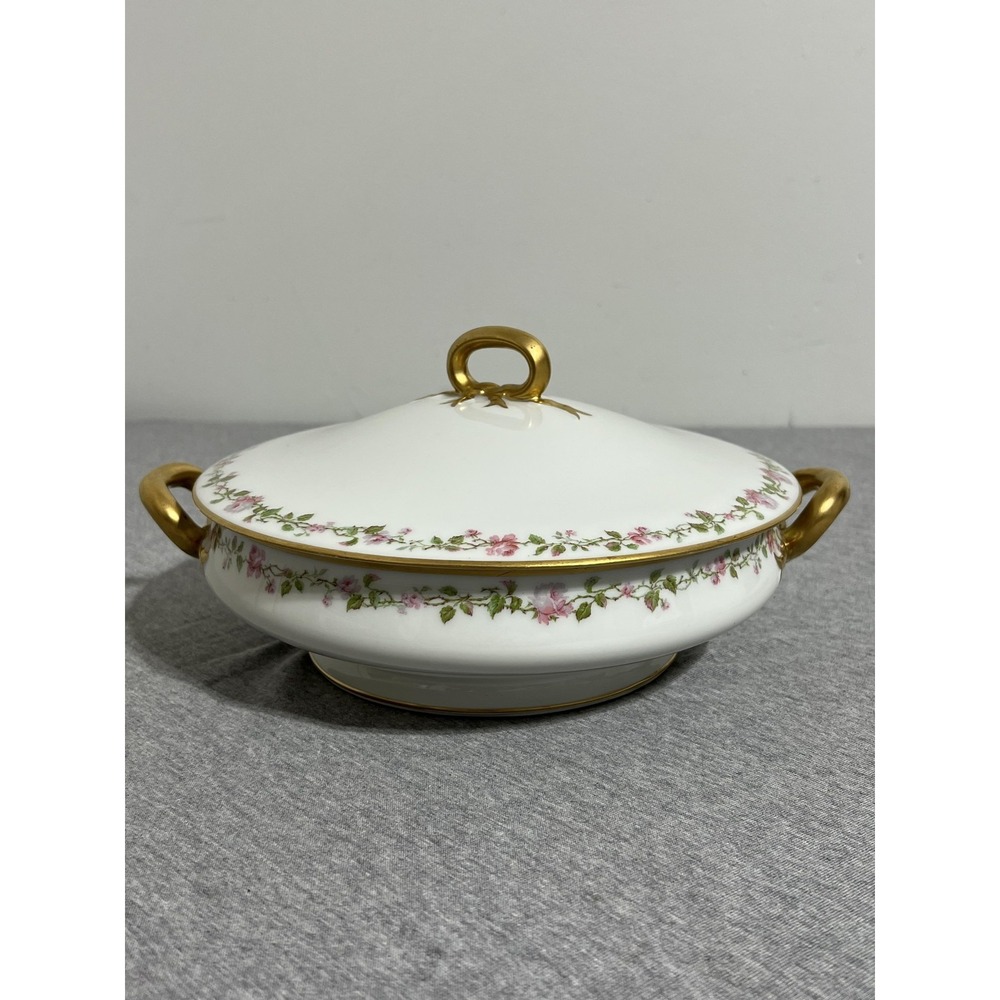 Vintage Haviland Limoges France Covered Vegetable Bowl Gold Handles Pink Floral
